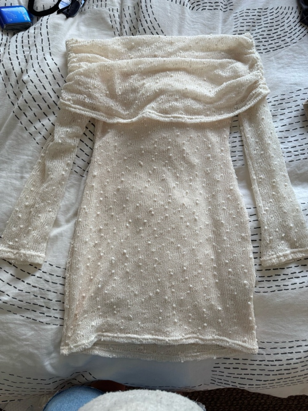 Off-Shoulder Cream Knit Sweater Dress